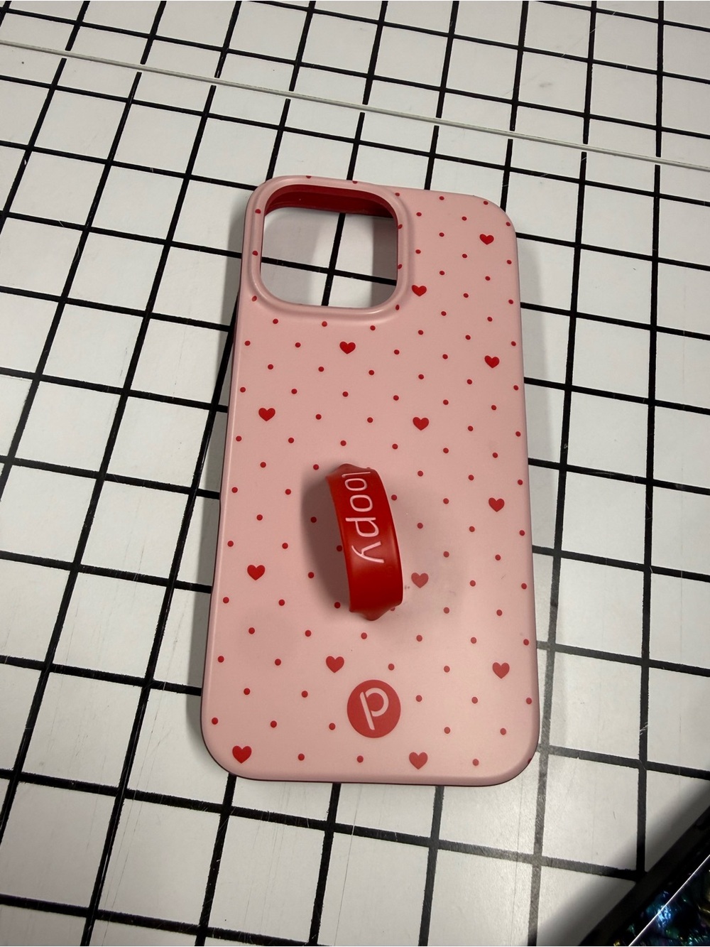 Pink Heart Pattern Loopy Phone Case with Red Ring Holder iPhone 16 pro max
